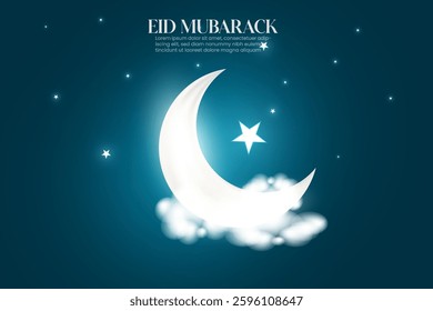 Realistic sky moon design with a mosque. Eid Mubarak has a dark colored background design with a mosque, white half moon, and star. Islamic night sky background design vector.  