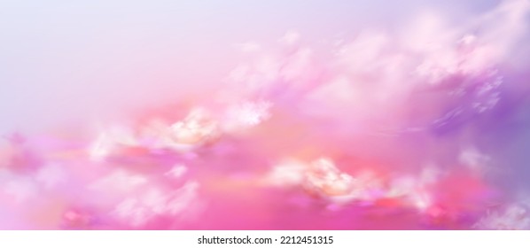 Realistischer Himmel, rosafarbener Himmelshintergrund. Sonnenuntergang oder Sonnenaufgang Naturwolkenbild mit weißen und lila weichen Wolken. Abstrakter Abend- oder Morgenabstrakter, lebhafter Fantasy-Hintergrund, 3D-Vektorgrafik