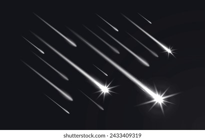 Realistic sky shooting stars with trails, falling comets and meteors. 3d vector celestial bodies streak across the night sky, leaving dazzling traces of light due to friction with Earth atmosphere