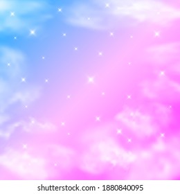 Realistic sky, stars and clouds in soft pastel pink and blue colors. Fantastic magic sunny sky background. Pink sunrise, sunset. Vector illustration.