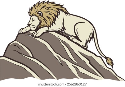 A realistic sleeping lion on top of the mountain vector illustration