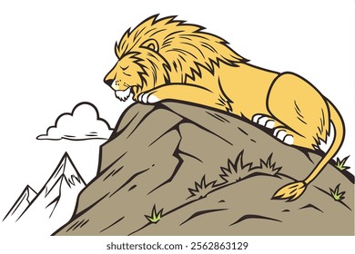 A realistic sleeping lion on top of the mountain vector illustration