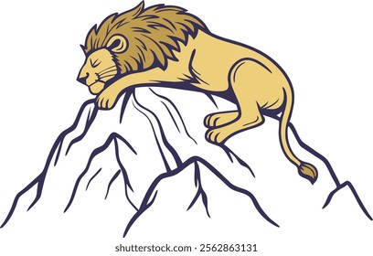 A realistic sleeping lion on top of the mountain vector illustration