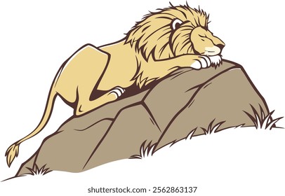 A realistic sleeping lion on top of the mountain vector illustration