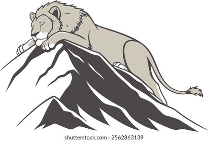 A realistic sleeping lion on top of the mountain vector illustration