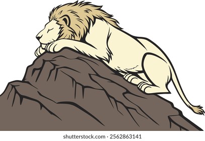 A realistic sleeping lion on top of the mountain vector illustration