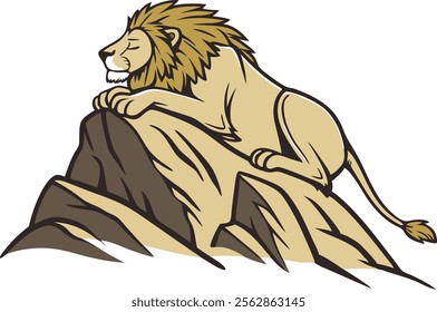 A realistic sleeping lion on top of the mountain vector illustration