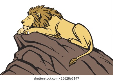 A realistic sleeping lion on top of the mountain vector illustration