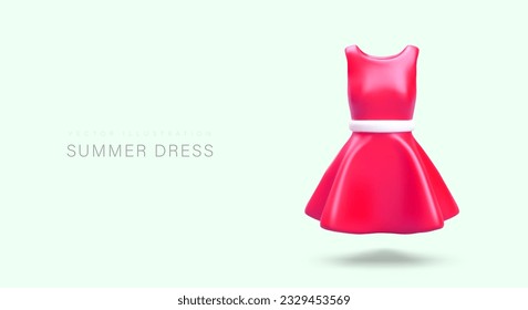 Realistic sleeveless summer dress. Classic womens fashion. Horizontal banner with color illustration, place for title. Header for goods department. Pink dress with white belt