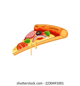 Realistic slice of pizza cartoon illustration. Delicious slice of pizza. Junk food, unhealthy diet concept