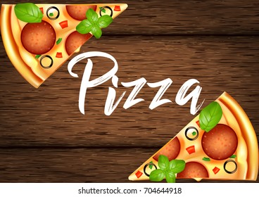 Realistic slice of pizza on a wooden background of boards. Vector illustration 3d.