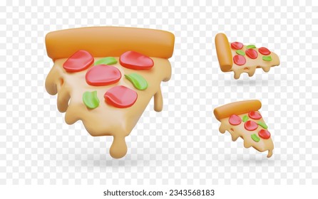 Realistic slice of pizza with sausage, oregano and melted cheese. Pepperoni pizza. Classic Italian dish. Hot fast food. Set of isolated images. Icons for menus, pizzerias