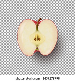 Realistic sliced apple isolated on transparent background. A half of fresh red apple. Vector illustration.