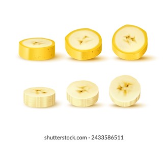 Realistic sliced banana fruit. Ripe peeled and unpeeled circular slices. Isolated 3d vector golden and irresistibly delicious circles of natural sweet and healthy snack, dessert of tropical plant