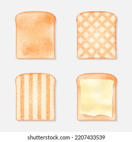 Realistic sliced bread toasts with butter set. Slices of whole wheat white bread. Bakery, food, piece of roasted crouton for sandwich snack, breakfast meal. 3d vector illustration