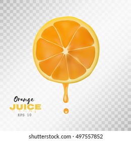 Realistic sliced orange fruit and a drop of juice. Juicy fruit Background for presentations, postcards, cards, brochures and banners. Vector in a realistic style.