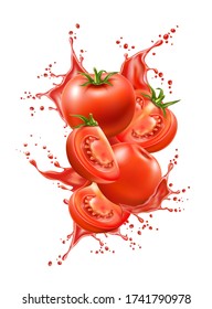 Realistic sliced ripe tomato in red juicy splash. Vector tomato juice explosion for healthy, organic product packaging design. Splashing fresh drink, flowing tomato juice motion