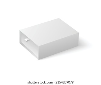 Realistic slide box mockup with ribbon to pull out, 3d vector illustration isolated on white background. Closed gift container with blank cardboard.