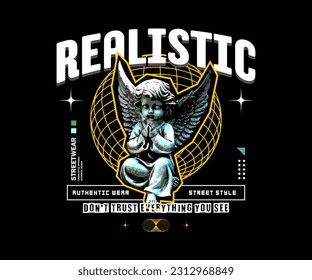 realistic slogan with baby angels statue graphic vector illustration on black background for streetwear and urban style t-shirts design, hoodies, etc