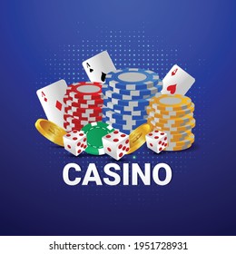 Realistic slot of casino with realistic dice and casino chips