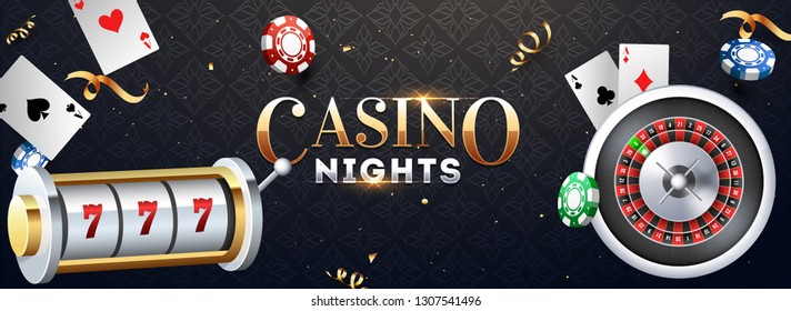 Realistic Slot Machine With Roulette Wheel, Casino Chips And Playing Cards Illustration On Abstract Background For Casino Night Party Banner Design.