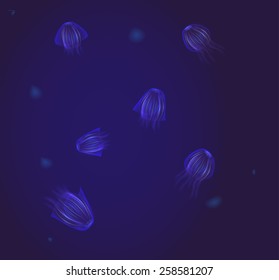 realistic small blue jellyfishes in dark deep water, deep ocean