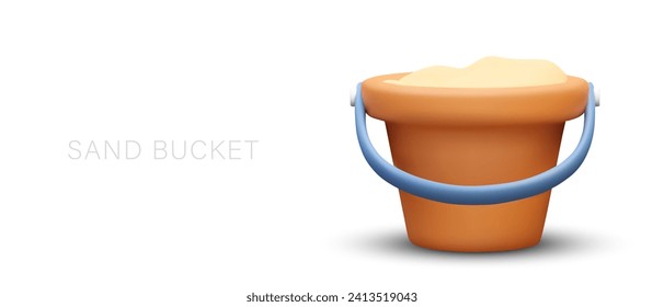 Realistic small bucket full of sand. Concept of children games in nature. Accessory for playing on beach, in sandbox. Vacation with children. Isolated illustration, place for text