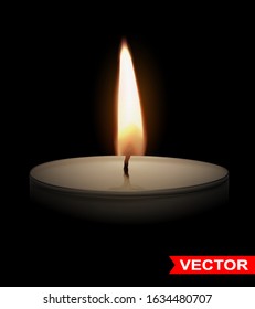 Realistic small round paraffin or wax aromatic decorative tealight candle in metal box with fire flame. On black background. Vector icon.