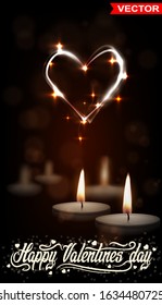 Realistic small round paraffin or wax aromatic decorative tealight candles in metal box with fire flame and shiny heart. On dark blurred background. Valentines day.