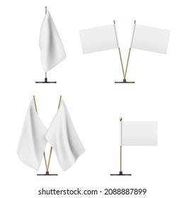 Realistic Small White Table Flag Set Vector Illustration. Collection Flagpole Promo Blank For Branding Identification Advertising Isolated. Desk Flags On Metallic Sticks Commercial Exhibition Message