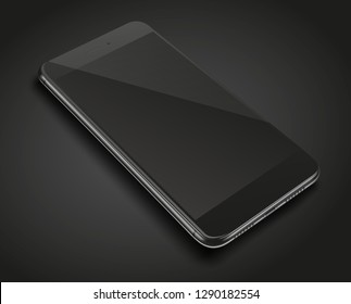 Realistic smart phone with black screen on dark background. Vector illustration. 