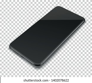 Realistic smart phone with black screen isolated on transparent background. Vector illustration. 