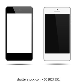 Realistic smart phone with black and white screen isolated on white background. Vector illustration. 
