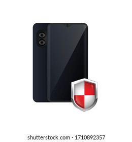 realistic smart phone and shield.Conceptual vector illustration in flat style design.Isolated on background.