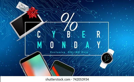 Realistische Smartphones, Laptops und Smartwatch mit dem Rabatt-Coupon für Cyber Monday Verkauf auf technischem Hintergrund.