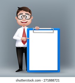 Realistic Smart Professional or Business Man Character With Eyeglasses Holding Empty Clip Board in Long Sleeve and Necktie Isolated in White Background. Editable Vector Illustration