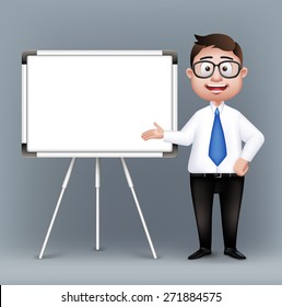 Realistic Smart Professor or Business Man Characters With Eyeglasses Presenting in Empty White Board in Long Sleeve and Necktie Isolated in White Background. Editable Vector Illustration