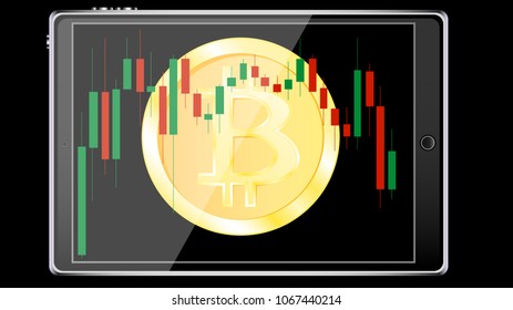A realistic smart tablet computer with a bitcoin coin, a crypto currency in the background of the exchange chart of price changes in the form of Japanese candles on the display. Vector illustration