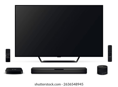 Realistic smart tv with remote control, sound bar, tv set-top box and smart speaker isolated on white background