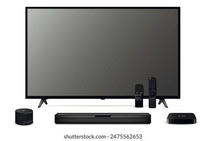 Realistic smart tv, sound bar, tv player box, smart speaker and remote controls