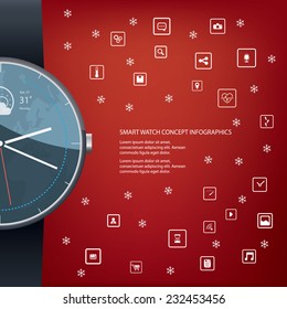Realistic smart watch concept design with computer icons for applications on red background. Eps10 vector illustration.