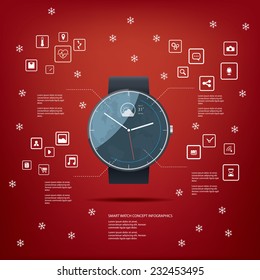 Realistic smart watch concept design with computer icons for applications on red background. Eps10 vector illustration.