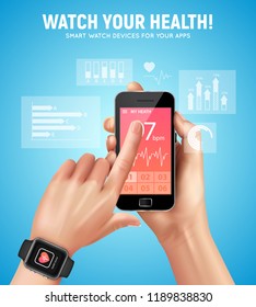 Realistic smart watch health composition with watch your health headline and mans hand vector illustration