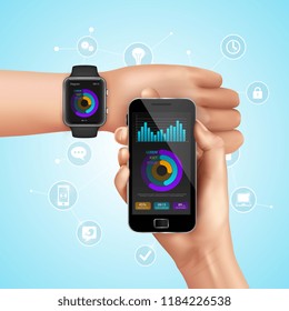 Realistic smart watch and mobile technology composition with synchronization from smartphone to watch vector illustration