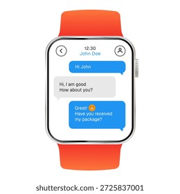 realistische intelligente Uhr Vektor Mockup Text Messaging-Anwendung Schnittstelle blau Sprache Blasen weißen Bildschirm Hintergrund Benutzeroberfläche Design Konzepte