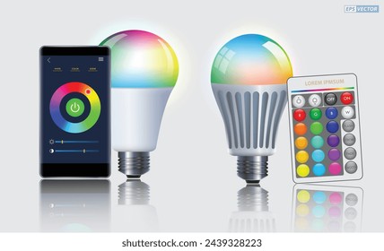 Realistic Smart Wifi LED bulb mockups with Smartphone and Remote. Eps