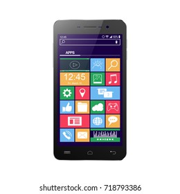 Realistic smartphone with apps icons. Isolated on white background smart phone. Vector illustration.