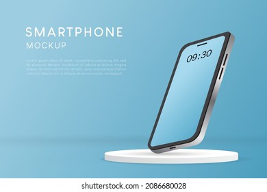 Realistic smartphone black mockup on podium on blue background. Vector illustration eps 10. 
