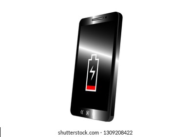 Realistic smartphone with black screen and battery icon on white background.