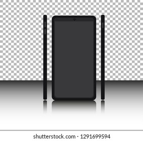 Realistic smartphone with blank screen. Isolated cell phone mockup, realistic white and black, mobile templates on transparent background. High quality vector illustration.
